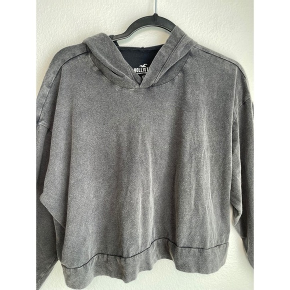 Hollister Womens Cropped Hoodie Gray Long Sleeve Logo Graphic Sweatshirt Large - Picture 10 of 16